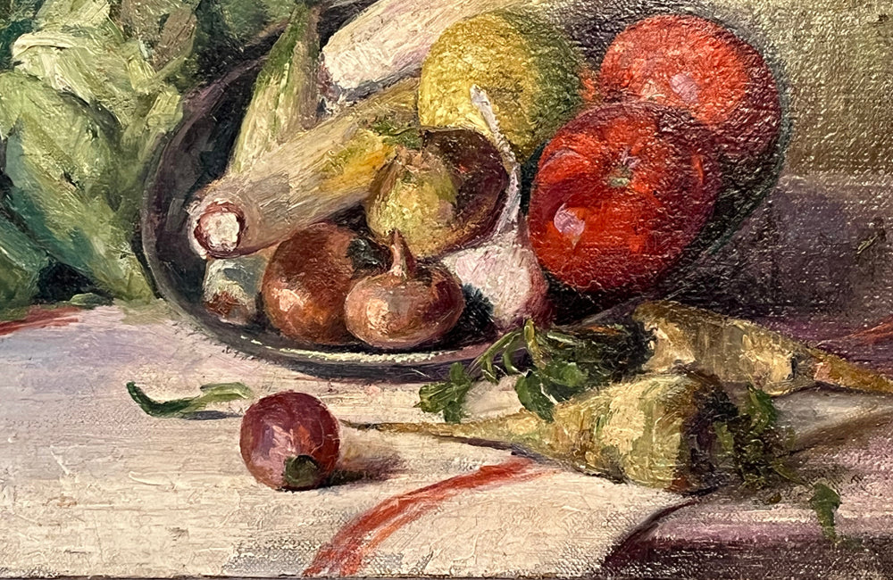 Beautiful early 20th century, oil on canvas painting of vegetables.