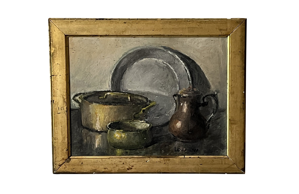 Antique French still life painting of a pewter dish copper coffee pot, with lidded copper pan and saucepan - French Antiques - AD & PS Antiques