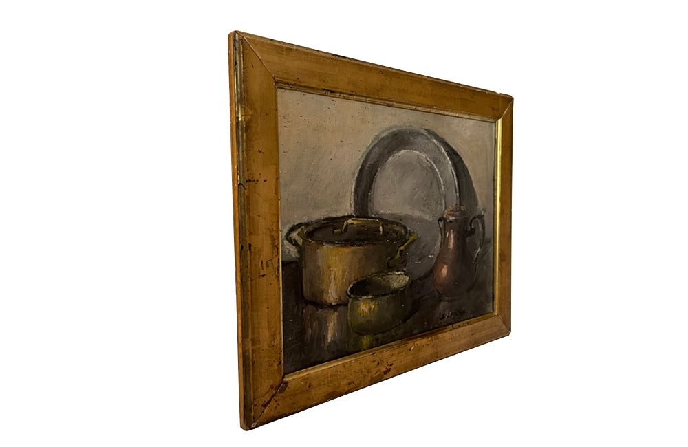 Antique French still life painting of a pewter dish copper coffee pot, with lidded copper pan and saucepan - French Antiques - AD & PS Antiques