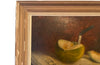 Signed French still life oil on canvas painting of a table with tablecloth and a freshly cut melon