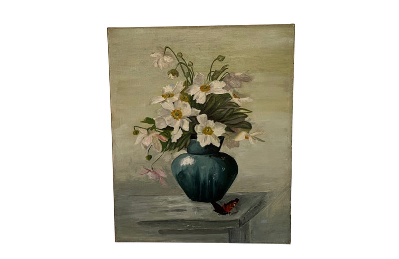 Still life oil on canvas painting depicting a blue vase of Japanese Anemones with Peacock Butterfly on a table
signed to the lower right by the artist, C. Laurent.