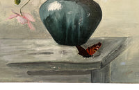 Still life oil on canvas painting depicting a blue vase of Japanese Anemones with Peacock Butterfly on a table
signed to the lower right by the artist, C. Laurent.