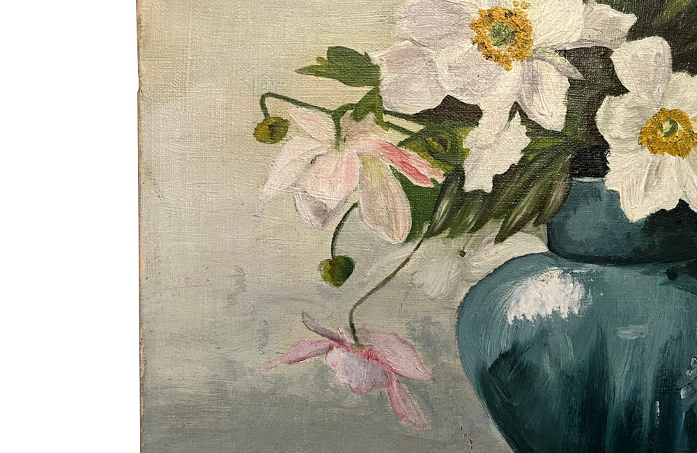 Still life oil on canvas painting depicting a blue vase of Japanese Anemones with Peacock Butterfly on a table
signed to the lower right by the artist, C. Laurent.