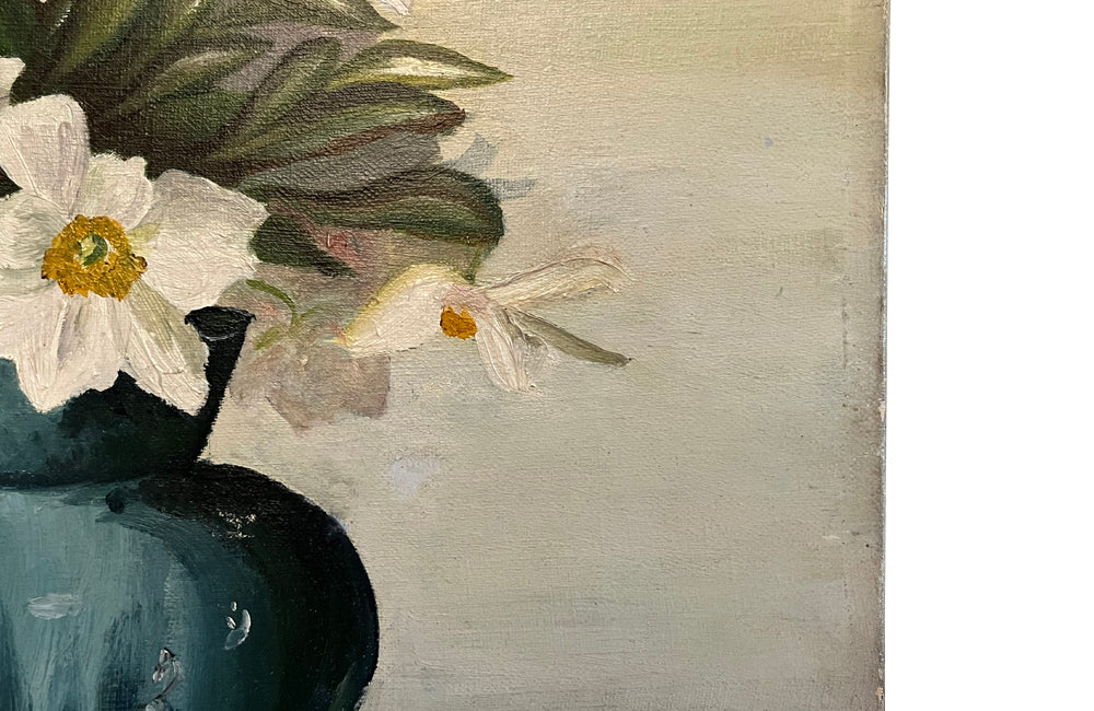 Still life oil on canvas painting depicting a blue vase of Japanese Anemones with Peacock Butterfly on a table
signed to the lower right by the artist, C. Laurent.