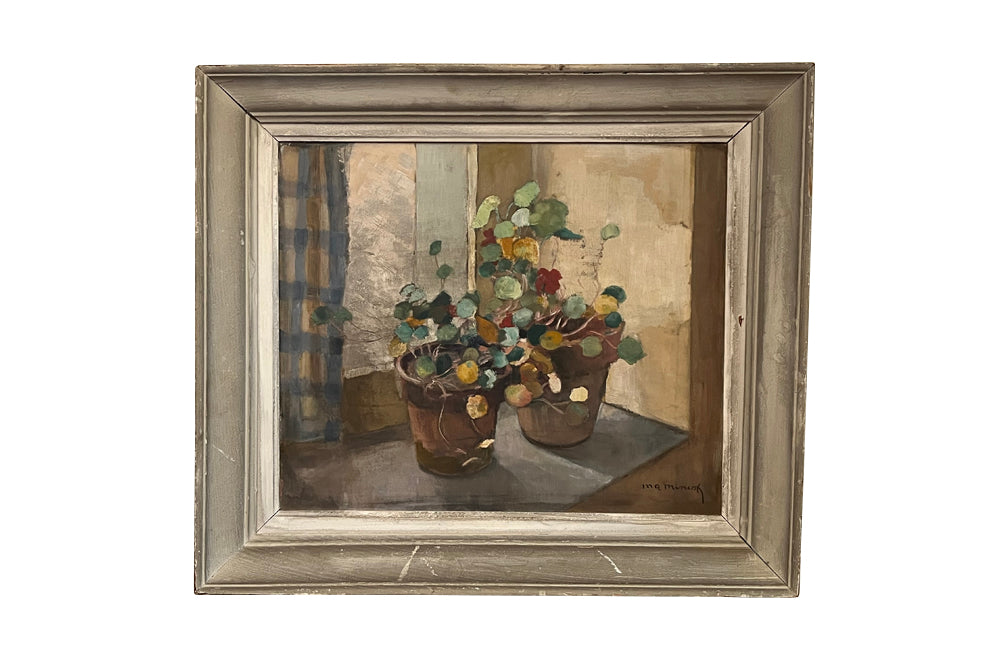  French still life painting of potted nasturtiums by Miniot