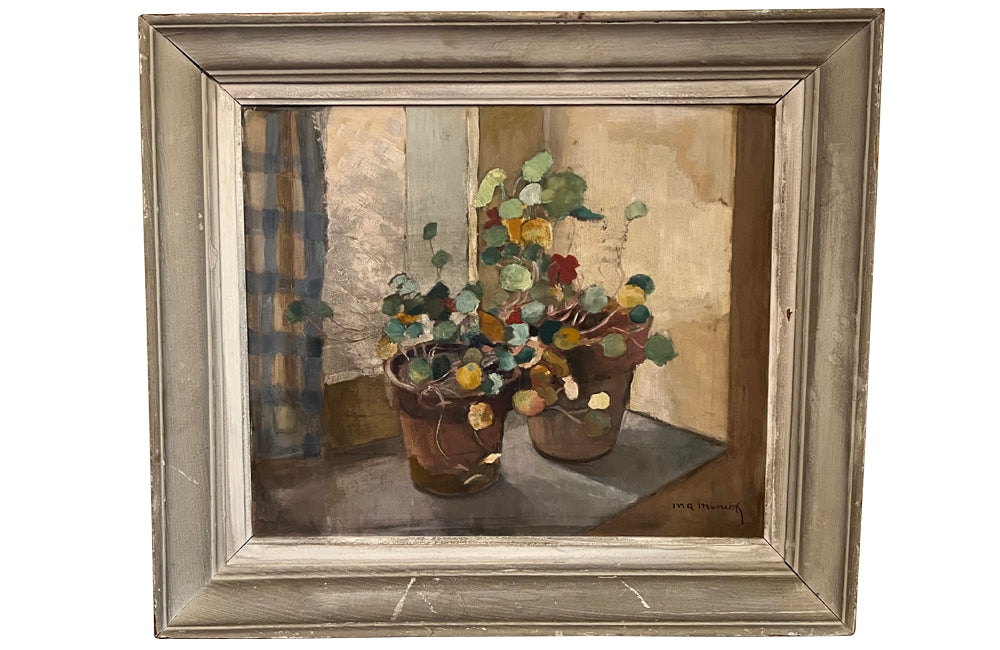  French still life painting of potted nasturtiums by Miniot