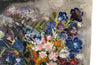 20th Century French unframed oil on canvas painting of a colourful bouquet of wildflowers in a glass vase signed by the artist L. Nuequelman 