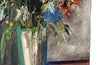 20th Century French unframed oil on canvas painting of a colourful bouquet of wildflowers in a glass vase signed by the artist L. Nuequelman 