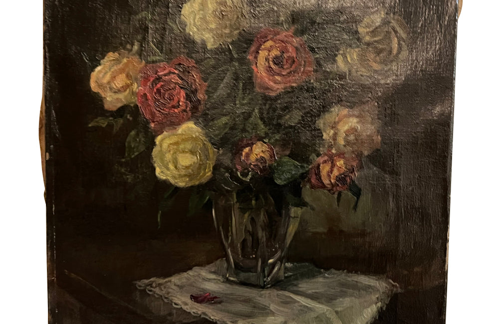 Still-life signed oil on canvas painting of Roses in a Glass Vase - French Antiques