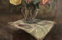 Still-life signed oil on canvas painting of Roses in a Glass Vase - French Antiques