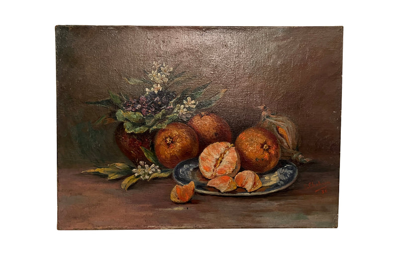 FRENCH STILL LIFE PAINTING OF CLEMENTINES AND FLOWERS