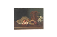 French 20th century still life painting of grapes, peaches, plums, vase, basket and flowers