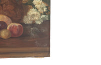 French 20th century still life painting of grapes, peaches, plums, vase, basket and flowers