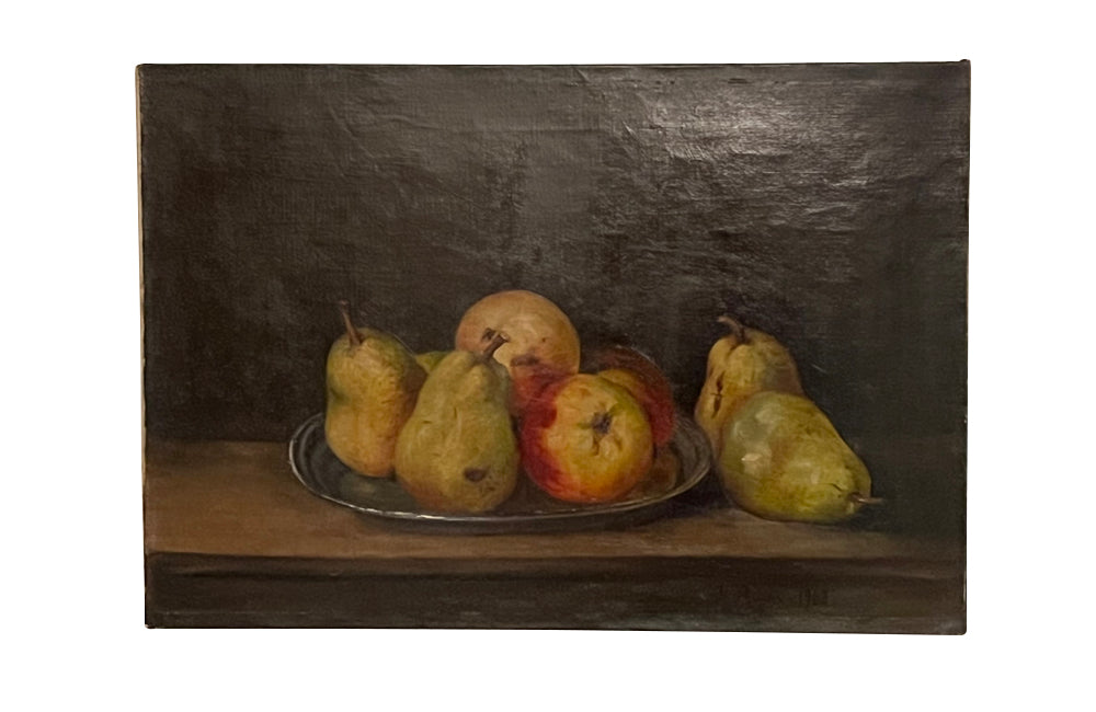 oil on canvas painting of pears and apples
signed by the artist to the lower right, M Rayon 1903 - French Antiques
