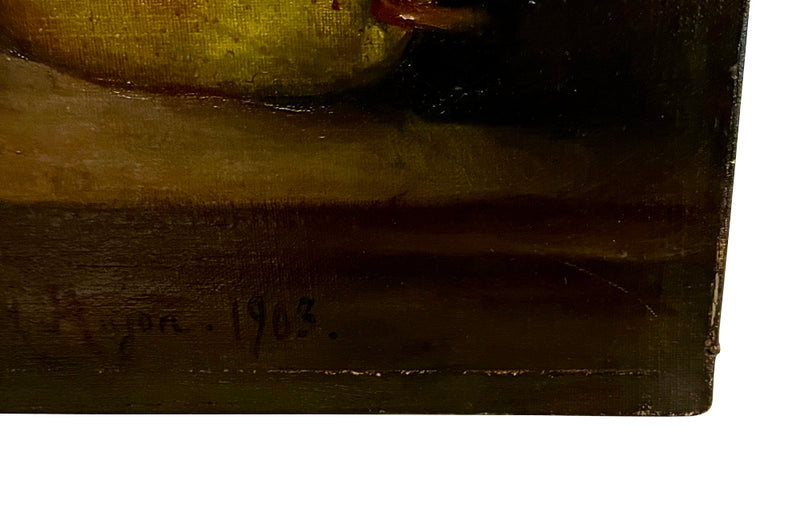 oil on canvas painting of pears and apples
signed by the artist to the lower right, M Rayon 1903 - French Antiques