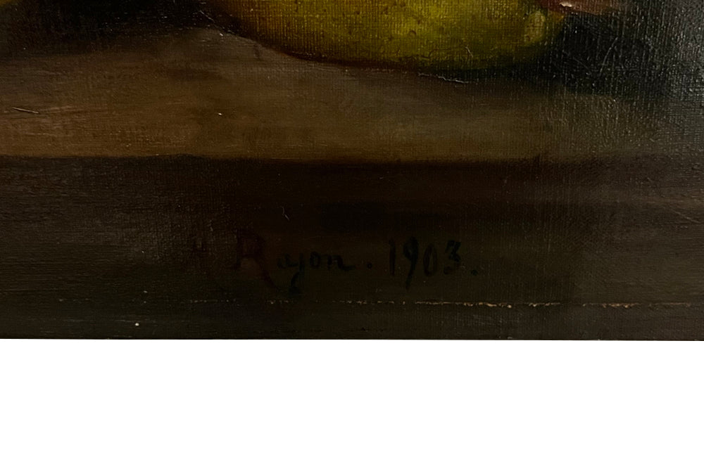 oil on canvas painting of pears and apples
signed by the artist to the lower right, M Rayon 1903 - French Antiques