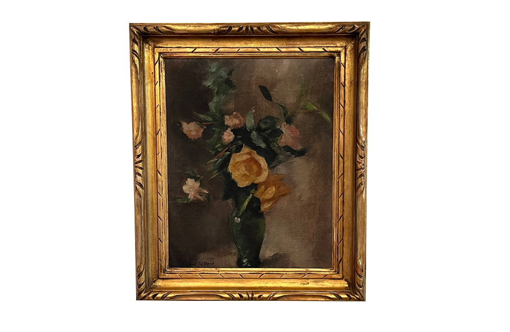 Framed still-life oil on canvas painting of Roses in a Green Vase signed by the artist to the lower left, Picart Le Doux.