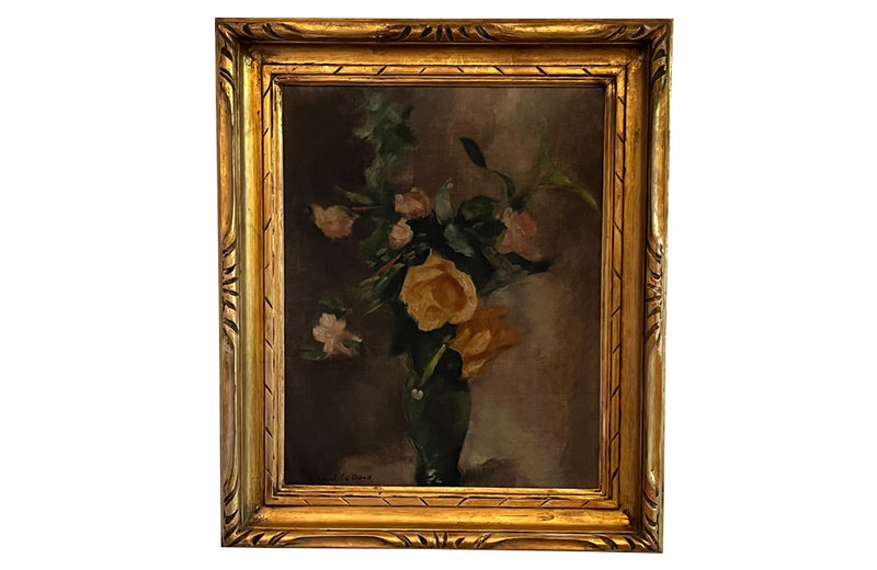 Framed still-life oil on canvas painting of Roses in a Green Vase signed by the artist to the lower left, Picart Le Doux.