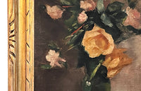 Framed still-life oil on canvas painting of Roses in a Green Vase signed by the artist to the lower left, Picart Le Doux.