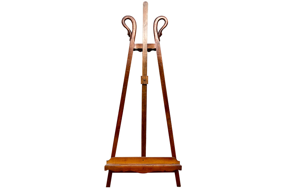 Elegant French large carved wooden decorative easel with swan necks circa 1900