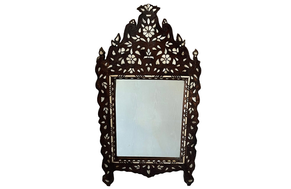 Very pretty late 19th or early 20th Century Syrian mirror with mother of pearl and bone floral and foliate decoration