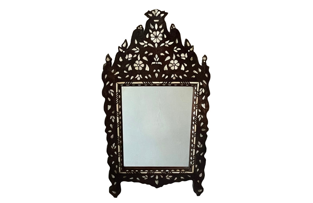 Very pretty late 19th or early 20th Century Syrian mirror with mother of pearl and bone floral and foliate decoration