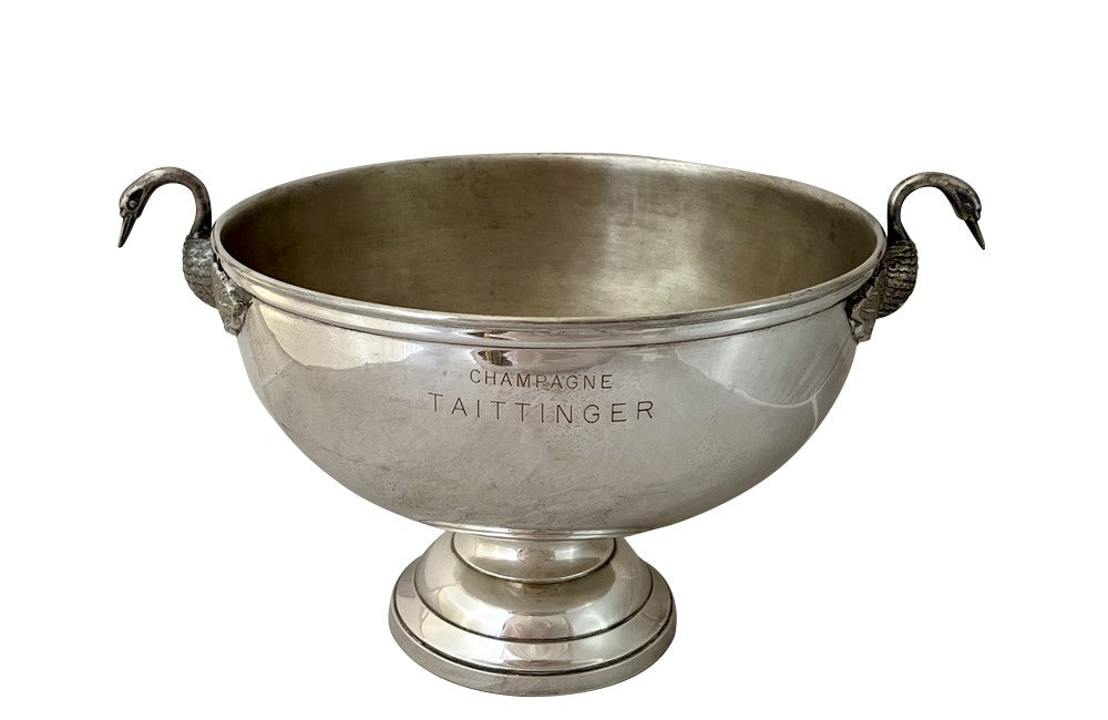 Beautiful 20th Century elegant champagne bucket with open winged swan handles engraved with the name of the prestigious champagne house of Taittinger