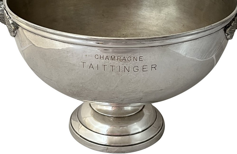 Beautiful 20th Century elegant champagne bucket with open winged swan handles engraved with the name of the prestigious champagne house of Taittinger