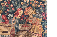Antique tapestry wall hanging titled 'Le Pressage depicting wine pressing in XV Century Medieval times. French antiques