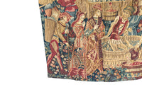 Antique tapestry wall hanging titled 'Le Pressage depicting wine pressing in XV Century Medieval times. French antiques