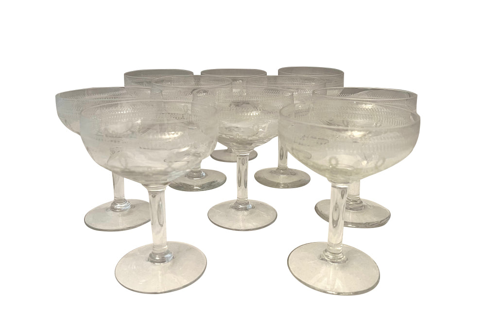 Set of ten 1940's French champagne cups decorated with garland and floral design - French Antiques