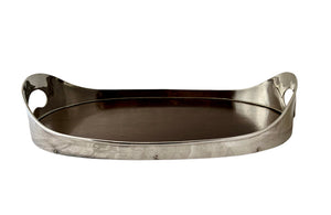  elegant and stylish oval silverplate and wooden tray by the design house Valmazan, Spain. 