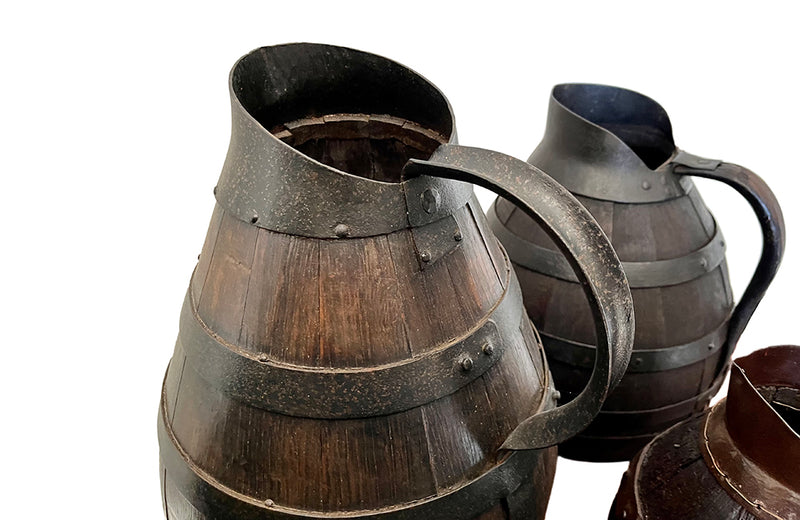 collection of six coopered wooden wine pitchers from the Burgundy region of France. Late 19th Century.