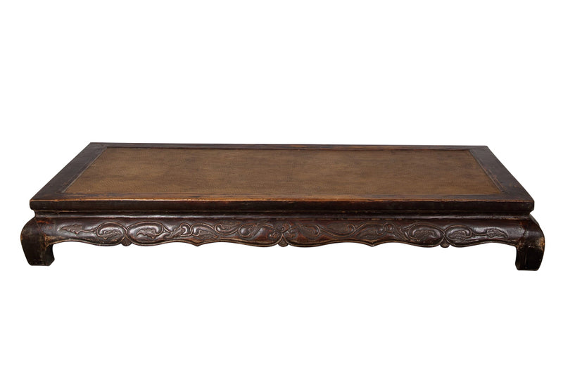 large antique northern Chinese Ming Dynasty style kang opium bed with cabriole legs and hand-carved frieze in scroll pattern C.1900