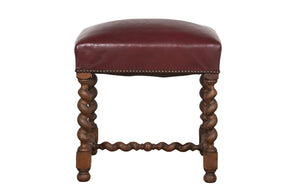 Early 20th century French oak barley twist stool upholstered in burgundy leather
