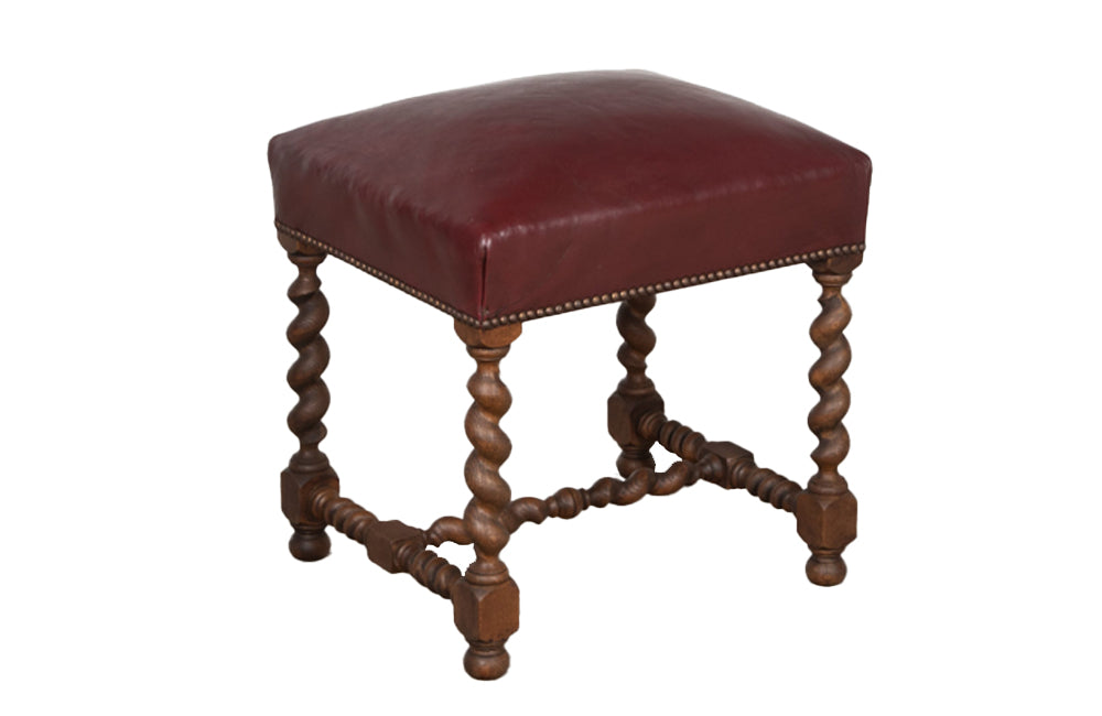 Early 20th century French oak barley twist stool upholstered in burgundy leather