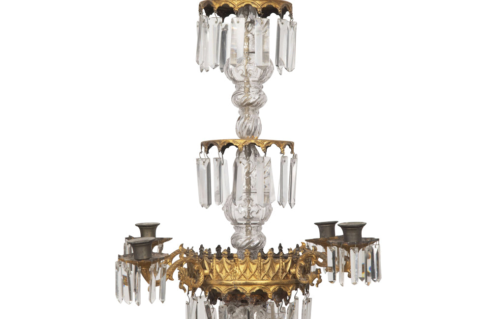 French Antique Chandelier with four tiers in gilt brass and crystal srops