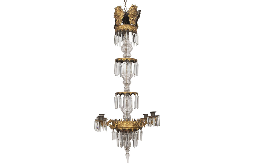 French Antique Chandelier with four tiers in gilt brass and crystal srops