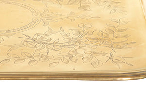 Large 19th century French brass serving tray with two handles embellished with a foliate flourish