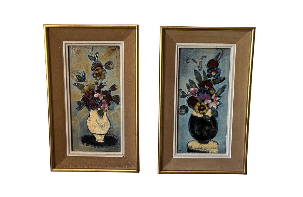 Pair of mid century framed still-life Vallauris ceramic tiles