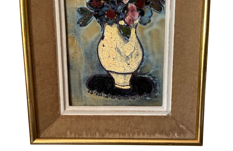 Pair of mid century framed still-life Vallauris ceramic tiles