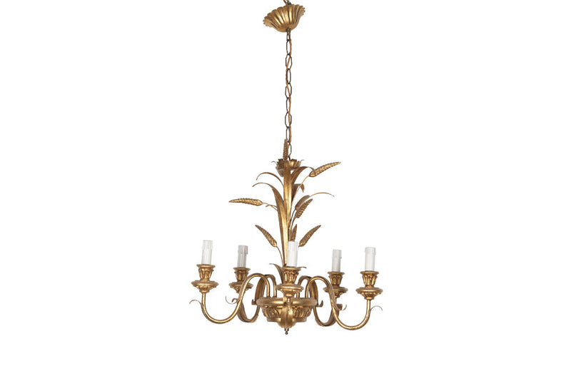 Hollywood Regency style, gilt tole, and giltwood wheat sheaf chandelier 