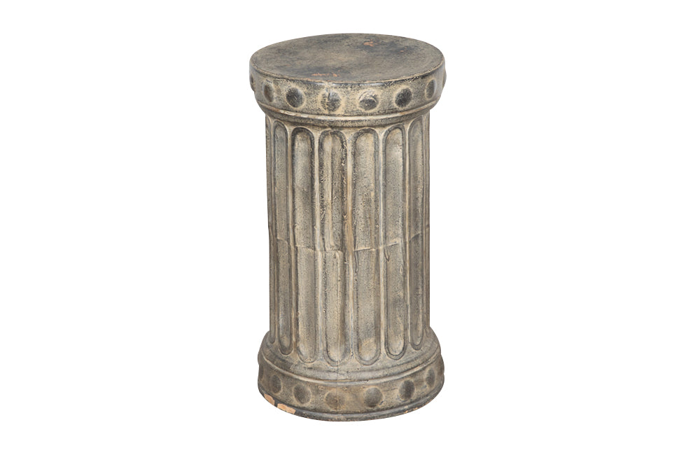 glazed terracotta pedestal is in the Roman style with reeded stem and decorative circular motifs to upper and lower rim. 