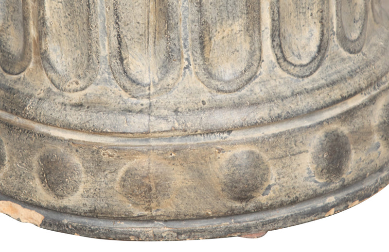 glazed terracotta pedestal is in the Roman style with reeded stem and decorative circular motifs to upper and lower rim - Garden Antiques - AD & PS Antiques 