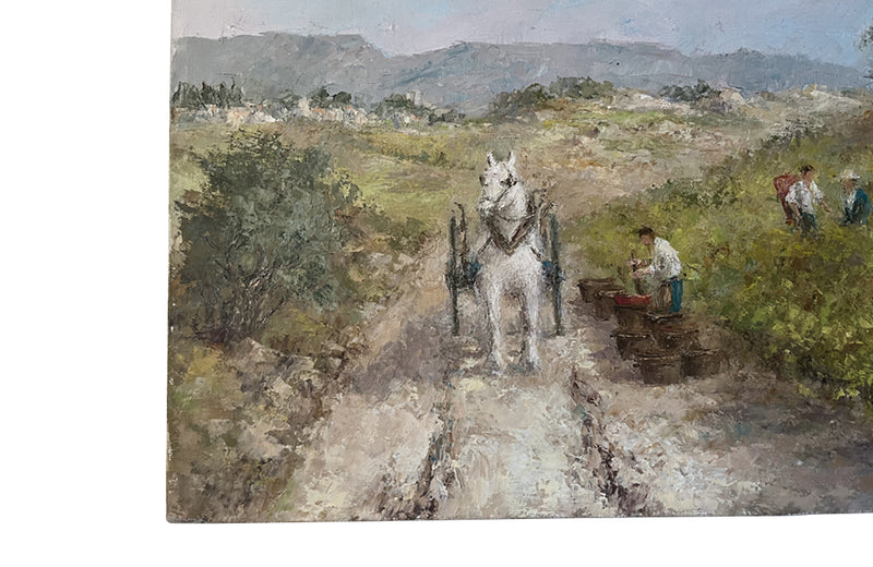 Wonderfully atmospheric 20th Century painting of a grape harvest by Paul Dellong