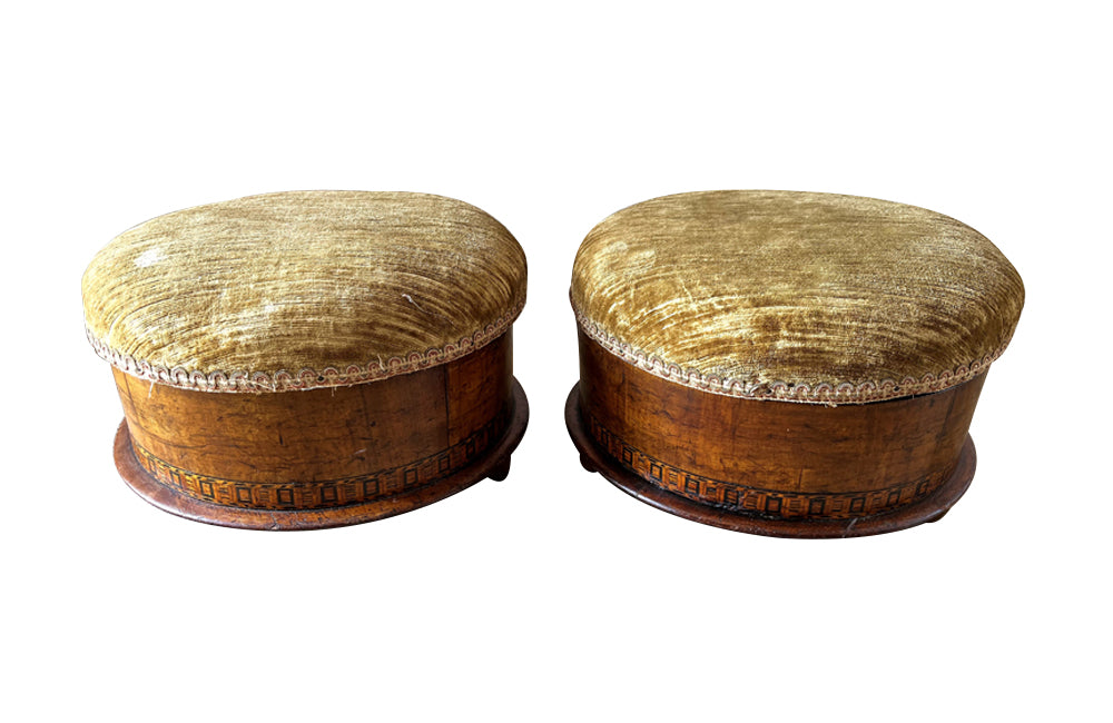 Antique Italian round upholstered lidded footstools - Antique Furniture - Antique Stools - AD & PS Antiques