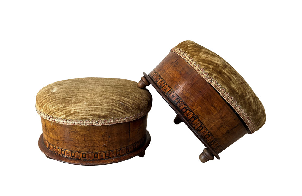 Antique Italian round upholstered lidded footstools - Antique Furniture - Antique Stools - AD & PS Antiques