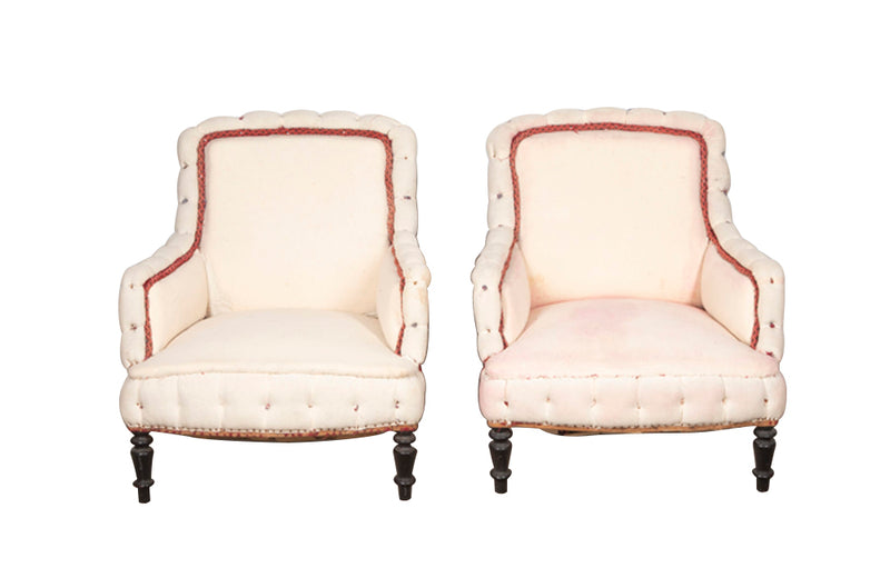 Pair of French, Napoleon III, piecrust country house armchairs. 