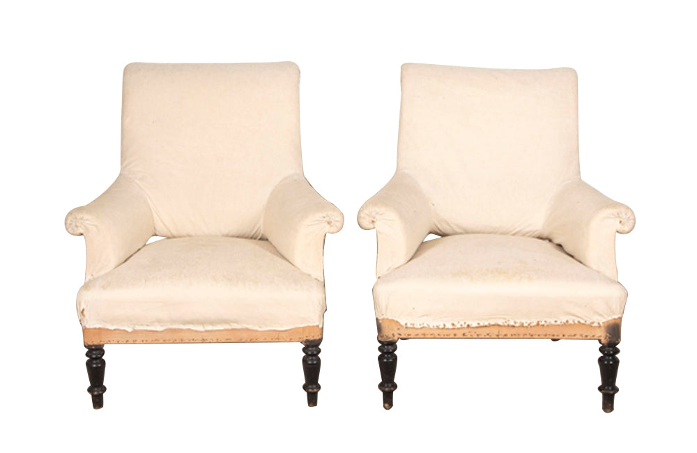 Pair French 19th century scroll back armchairs