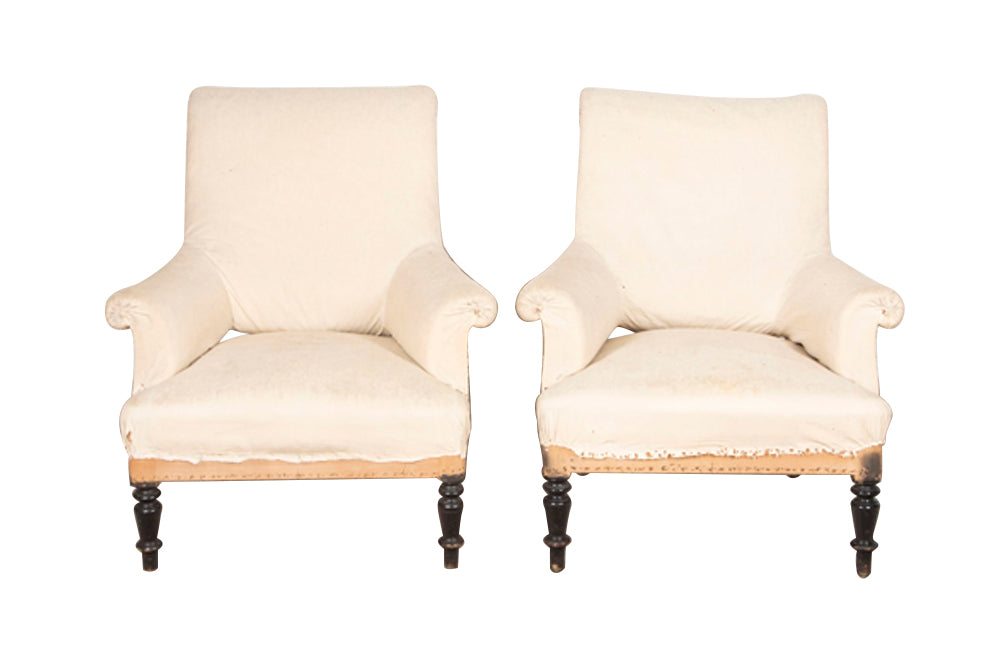 Pair French 19th century scroll back armchairs